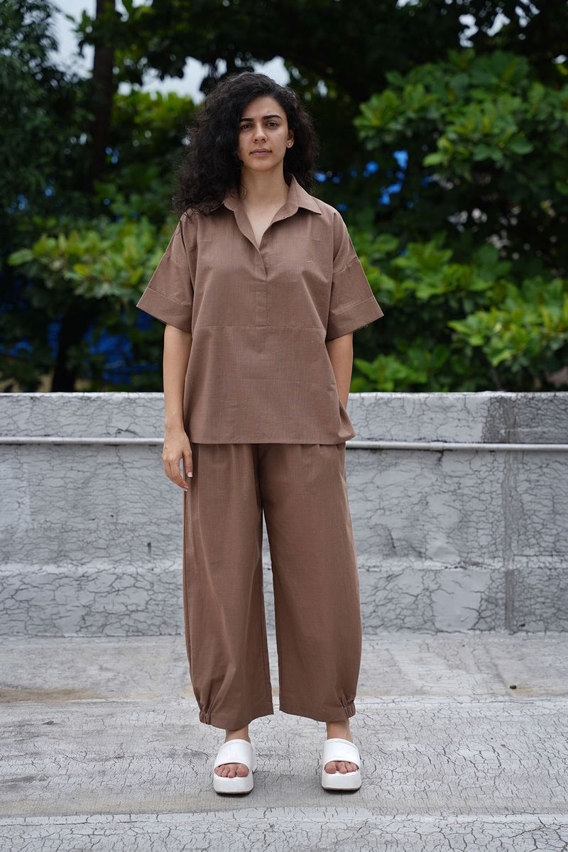 Beige Ekin Shirt & Hera Cotton Co-Ord Set (2 PCS) cotton by Mati in beige color for women Worldwide