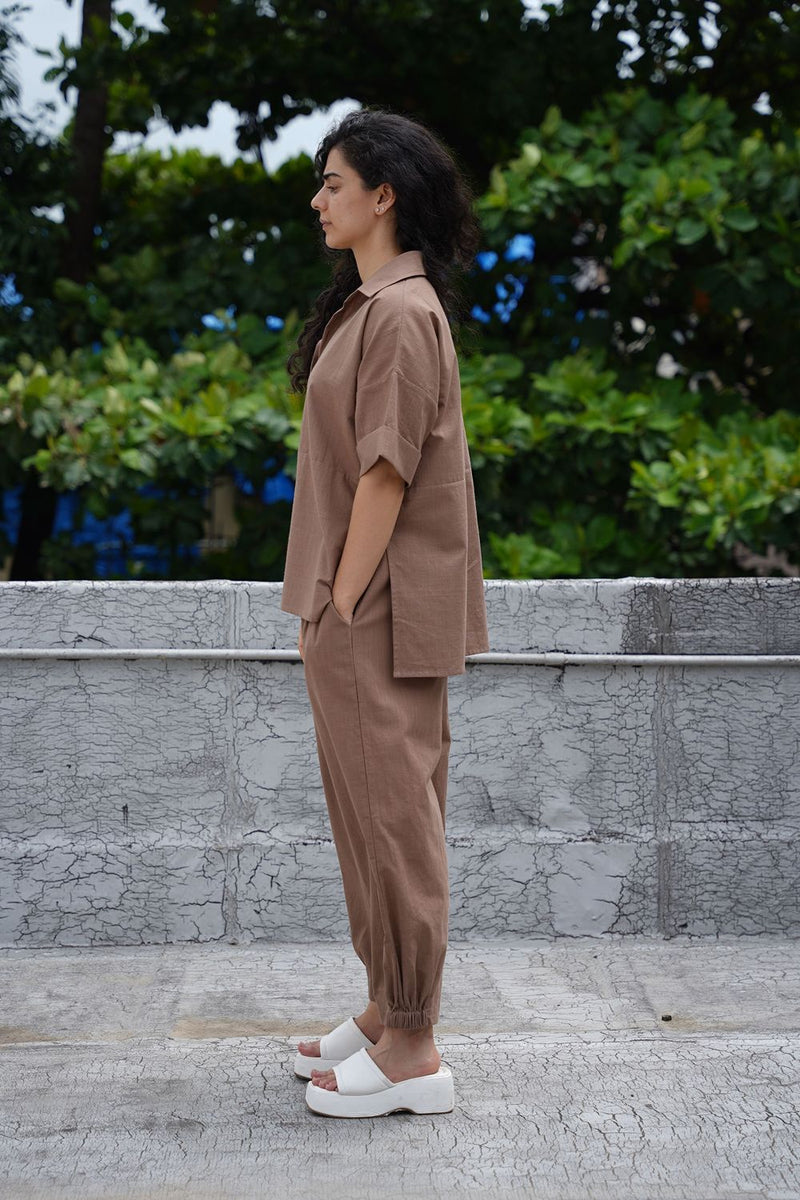 Beige Ekin Shirt & Hera Cotton Co-Ord Set (2 PCS) cotton by Mati in beige color for women Worldwide