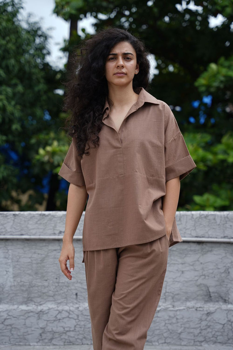 Beige Ekin Shirt & Hera Cotton Co-Ord Set (2 PCS) cotton by Mati in beige color for women Worldwide