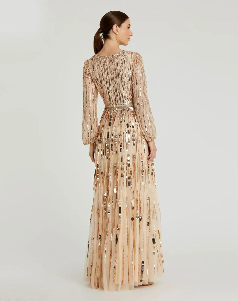 Beige Embellished Mesh Long Sleeve V Neck Gown by Mac Duggal for women Worldwide