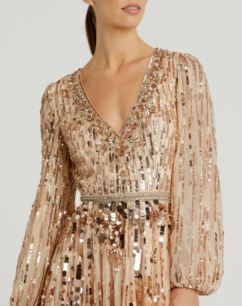 Beige Embellished Mesh Long Sleeve V Neck Gown by Mac Duggal for women Worldwide