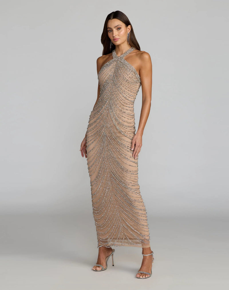 10206-Beige Halter Neck Embellished Maxi Dress polyester evening-gowns by Mac Duggal in grey for women Worldwide