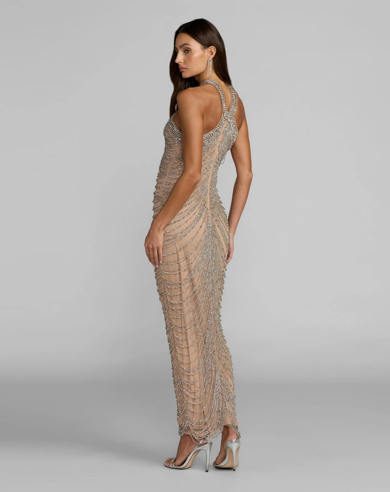 10206-Beige Halter Neck Embellished Maxi Dress polyester evening-gowns by Mac Duggal in grey for women Worldwide