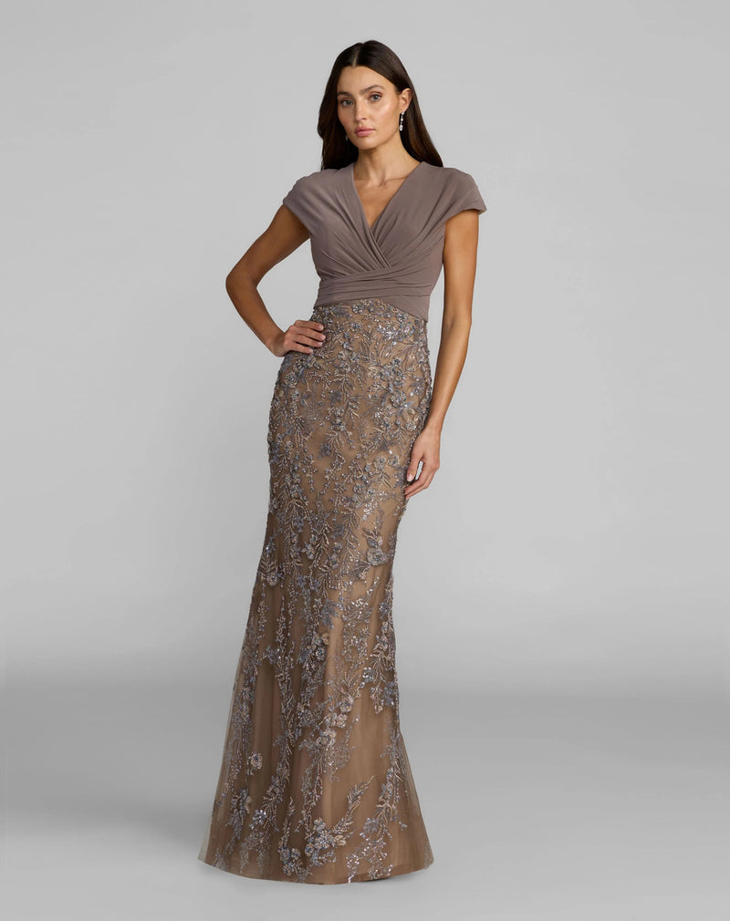 21291-Beige Jersey Wrap Top Floral Sequin Gown polyester evening-gowns by Mac Duggal in multi-color for women Worldwide