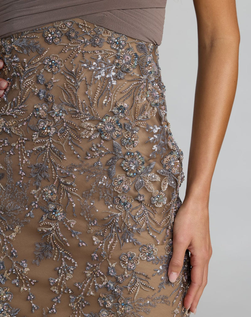 21291-Beige Jersey Wrap Top Floral Sequin Gown polyester evening-gowns by Mac Duggal in multi-color for women Worldwide