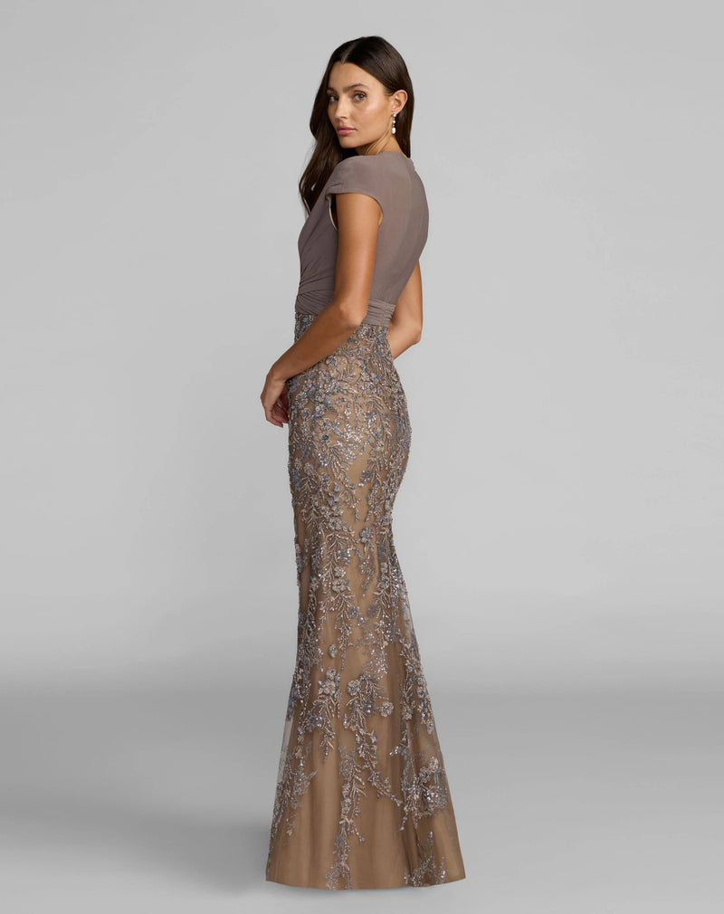 21291-Beige Jersey Wrap Top Floral Sequin Gown polyester evening-gowns by Mac Duggal in multi-color for women Worldwide