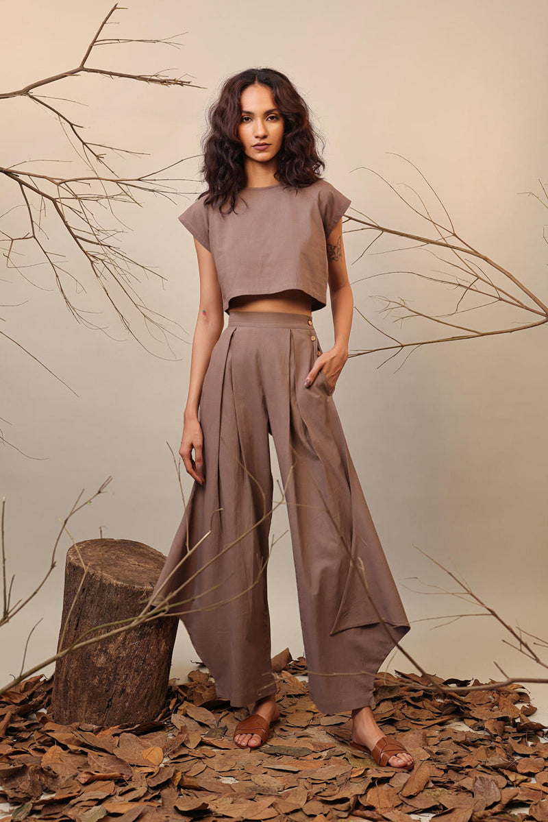 Beige PL Cowl Pants 100% cotton by Mati in beige color for women Worldwide