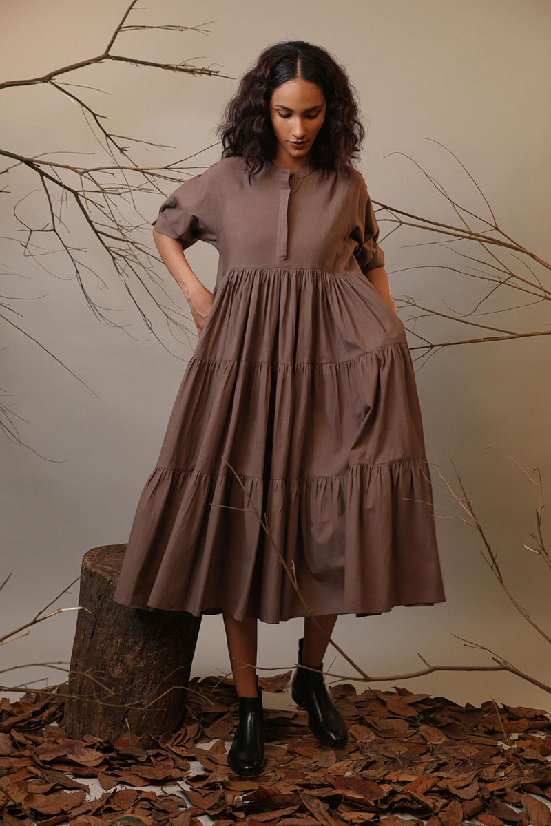 Beige Raglan Tiered Dress 100% cotton by Mati in beige color for women Worldwide
