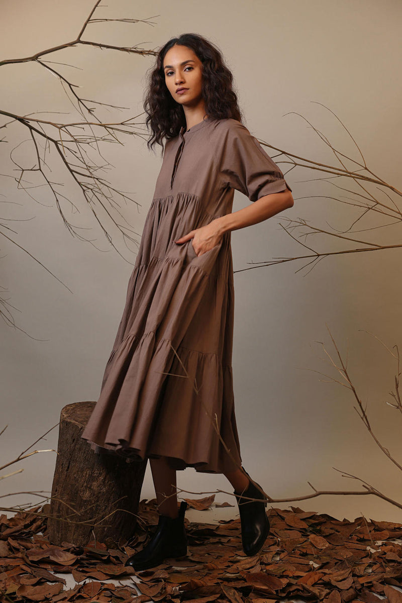 Beige Raglan Tiered Dress 100% cotton by Mati in beige color for women Worldwide