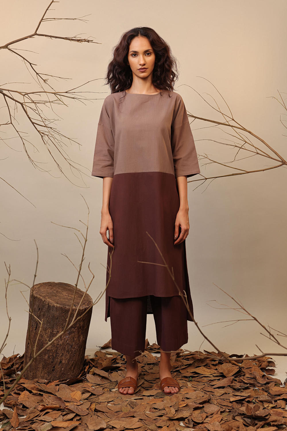 Beige & Brown Dual Ruka Tunic