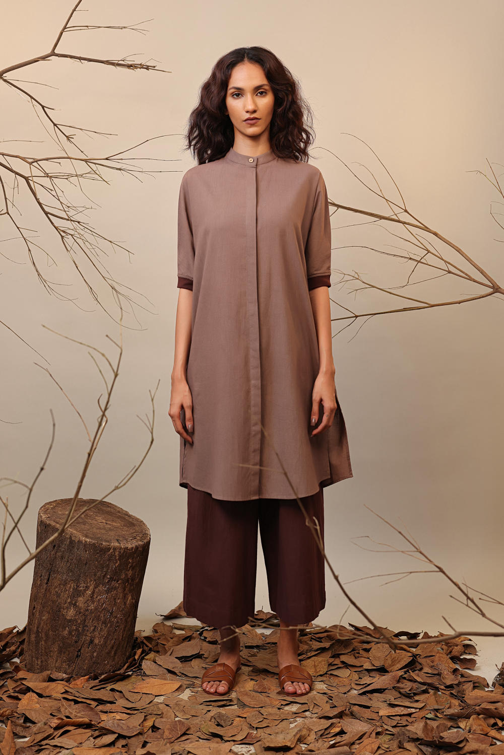 Beige & Brown Shirt Tunic Set (2 PCS)