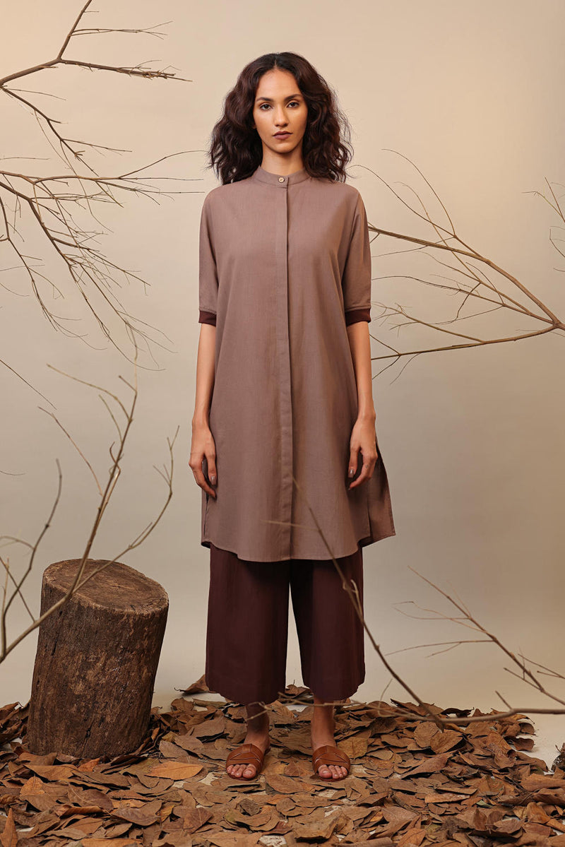 Beige & Brown Shirt Tunic 100% cotton by Mati in beige color for women Worldwide
