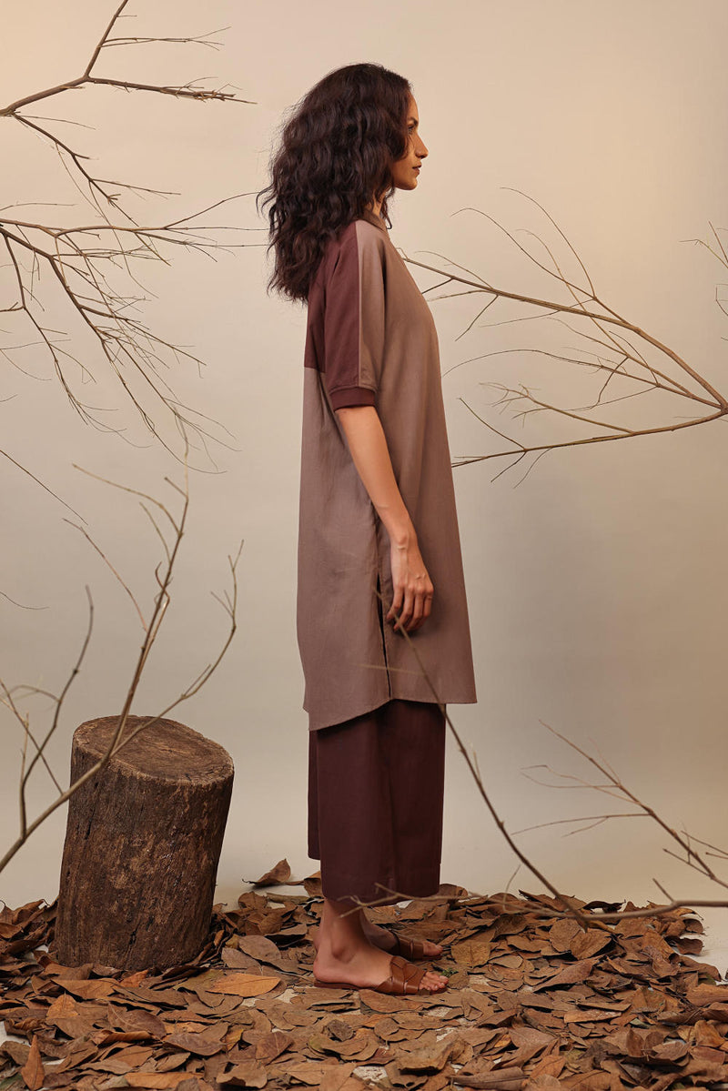Beige & Brown Shirt Tunic 100% cotton by Mati in beige color for women Worldwide