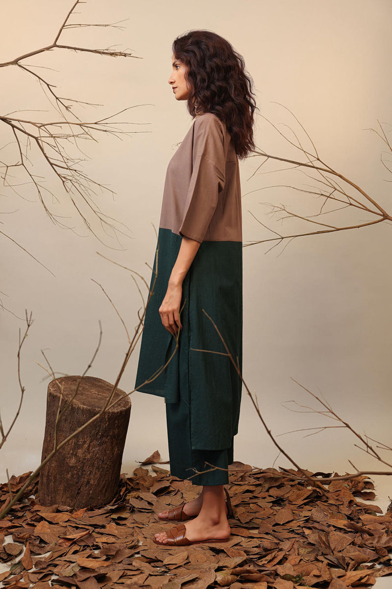 Beige & Green Dual Ruka Tunic 100% cotton by Mati in multi color for women Worldwide