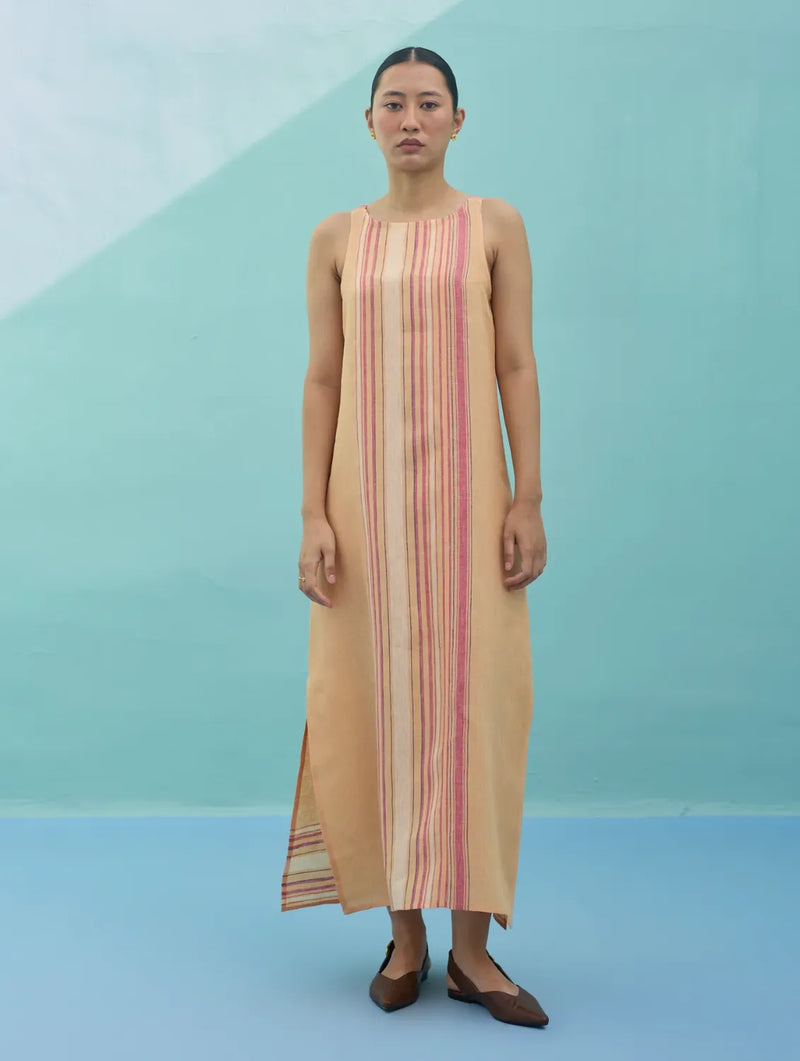 Beli Sleeveless Border Linen Dress - Apricot linen dress by Manan in apricot for women Worldwide