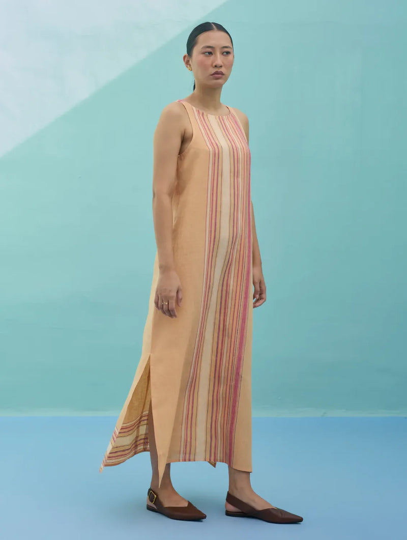 Beli Sleeveless Border Linen Dress - Apricot linen dress by Manan in apricot for women Worldwide