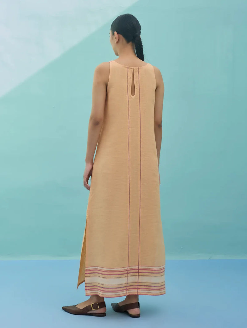 Beli Sleeveless Border Linen Dress - Apricot linen dress by Manan in apricot for women Worldwide