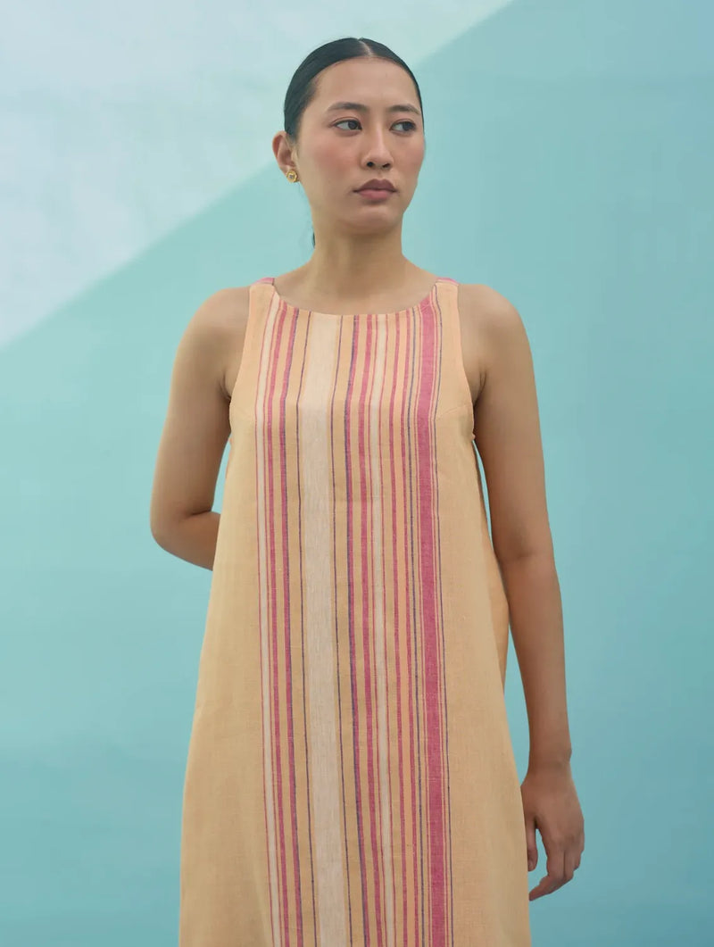 Beli Sleeveless Border Linen Dress - Apricot linen dress by Manan in apricot for women Worldwide