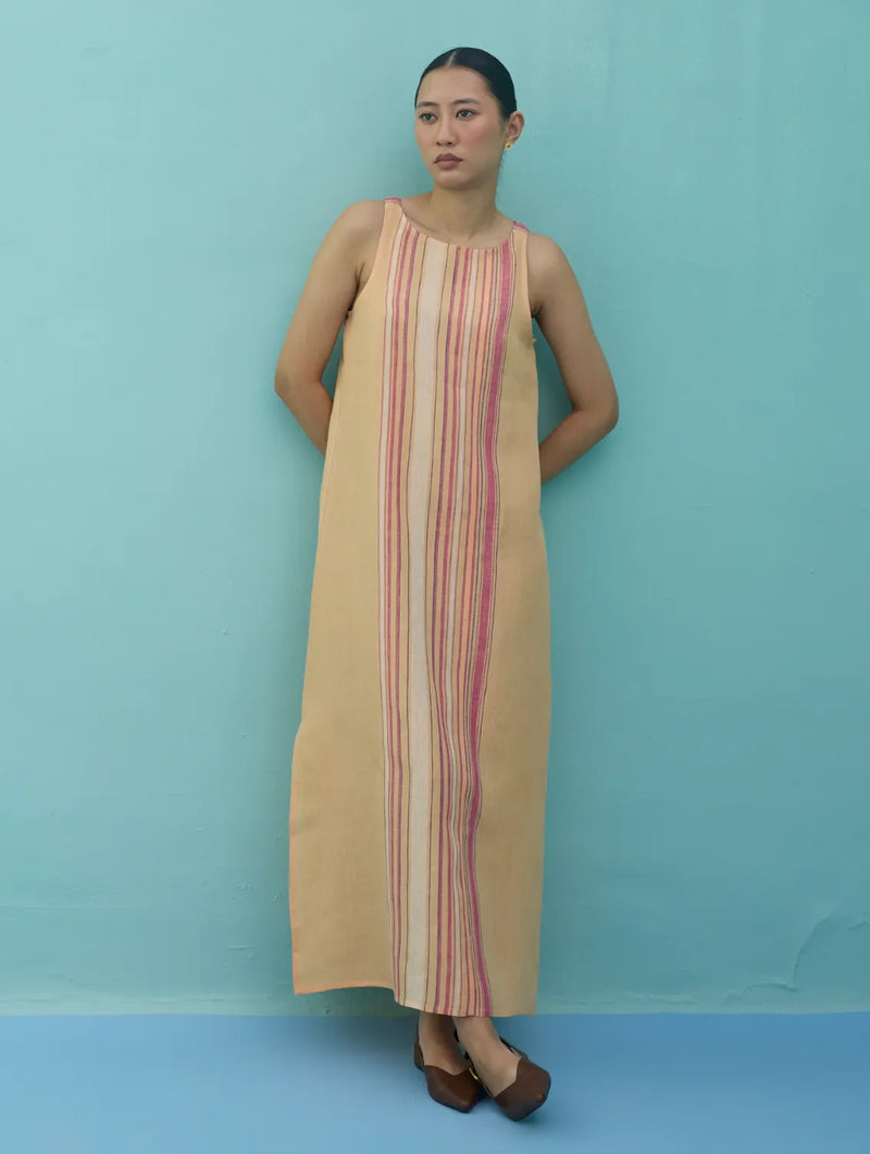 Beli Sleeveless Border Linen Dress - Apricot linen dress by Manan in apricot for women Worldwide