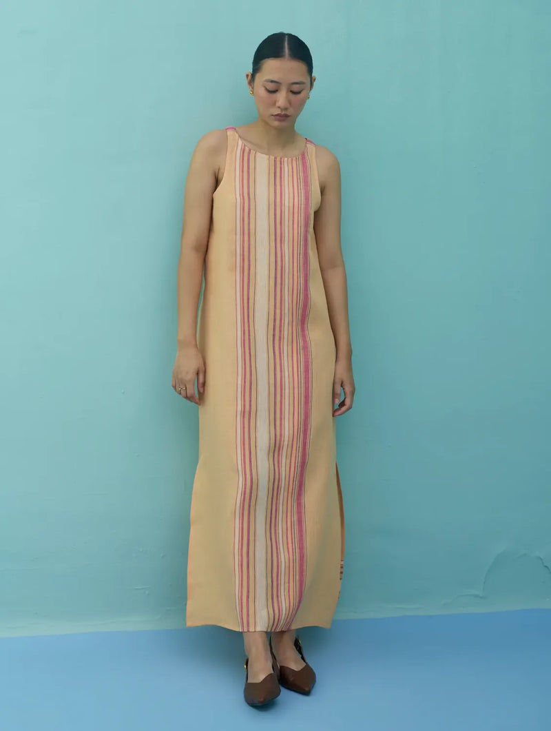 Beli Sleeveless Border Linen Dress - Apricot linen dress by Manan in apricot for women Worldwide