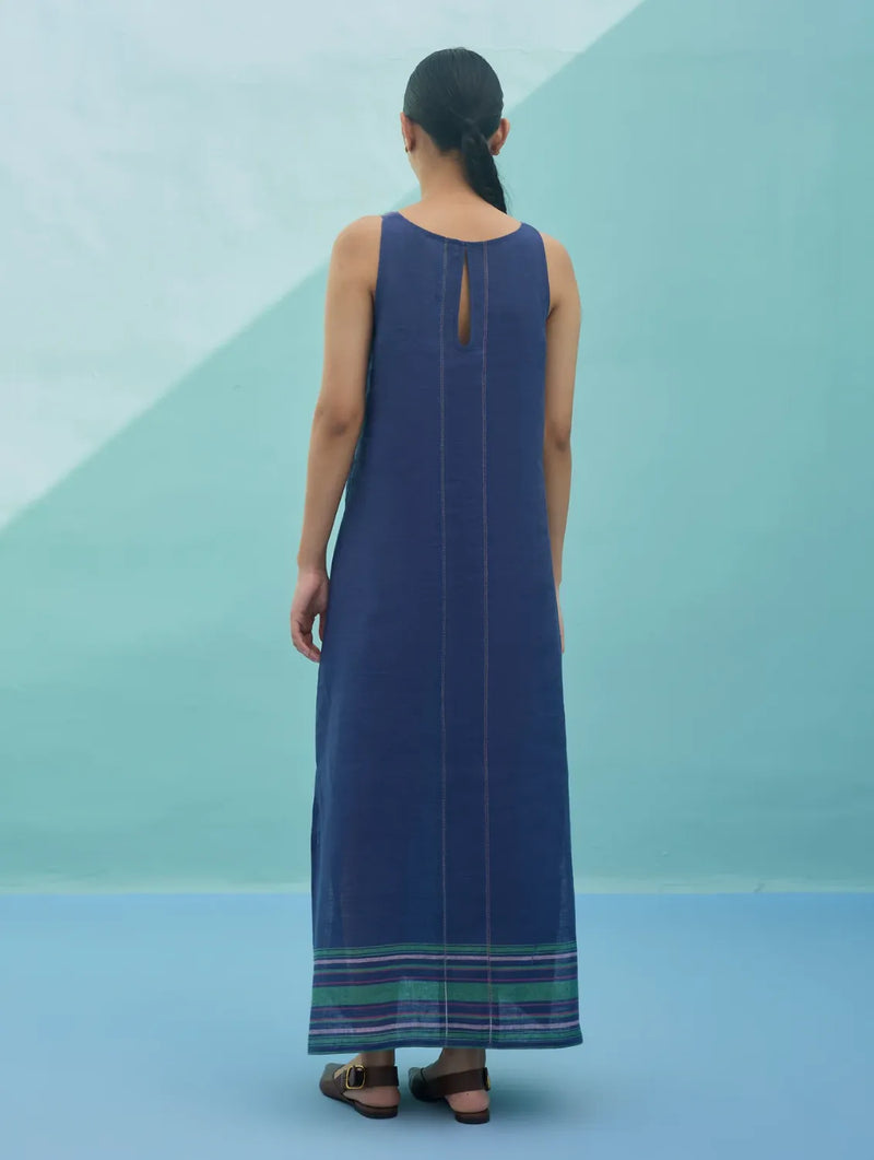 Beli Sleeveless Border Linen Dress - Indigo linen dress by Manan in navy for women Worldwide