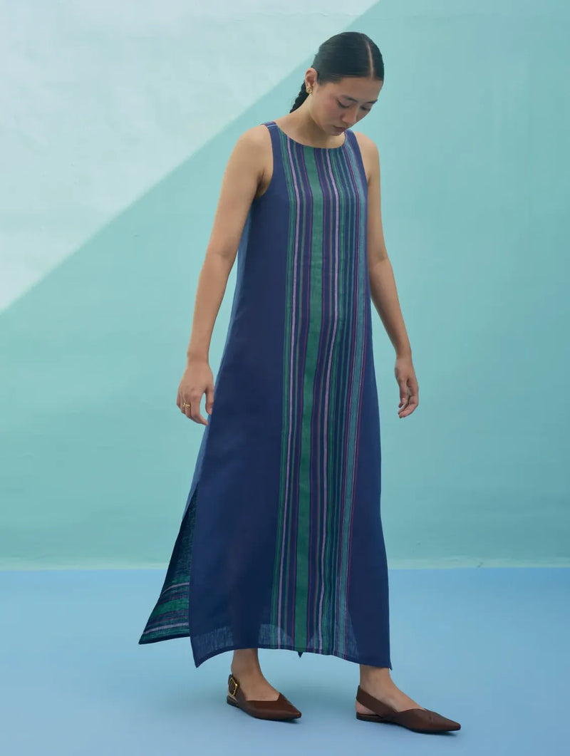 Beli Sleeveless Border Linen Dress - Indigo linen dress by Manan in navy for women Worldwide