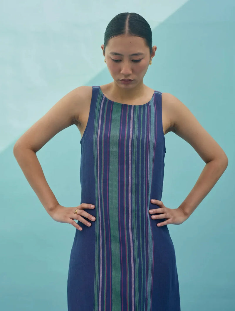 Beli Sleeveless Border Linen Dress - Indigo linen dress by Manan in navy for women Worldwide
