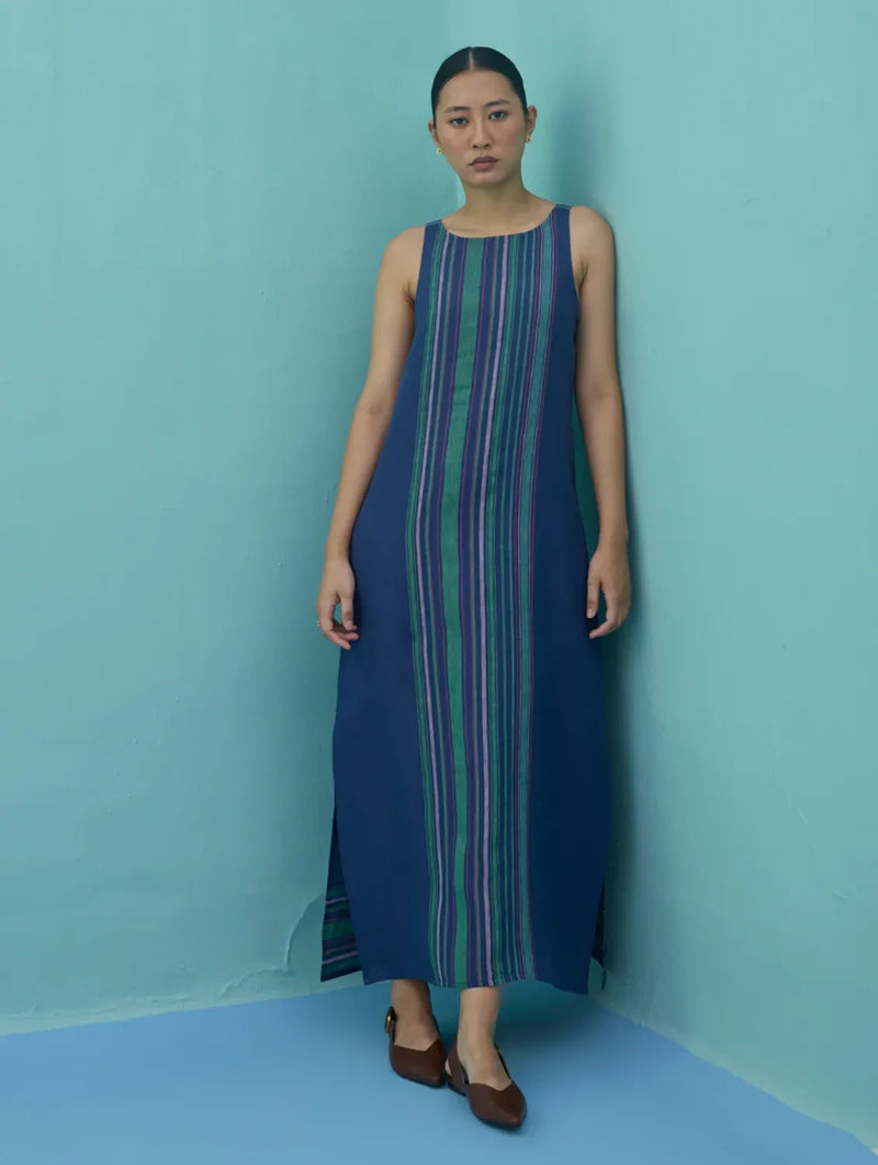 Beli Sleeveless Border Linen Dress - Indigo linen dress by Manan in navy for women Worldwide