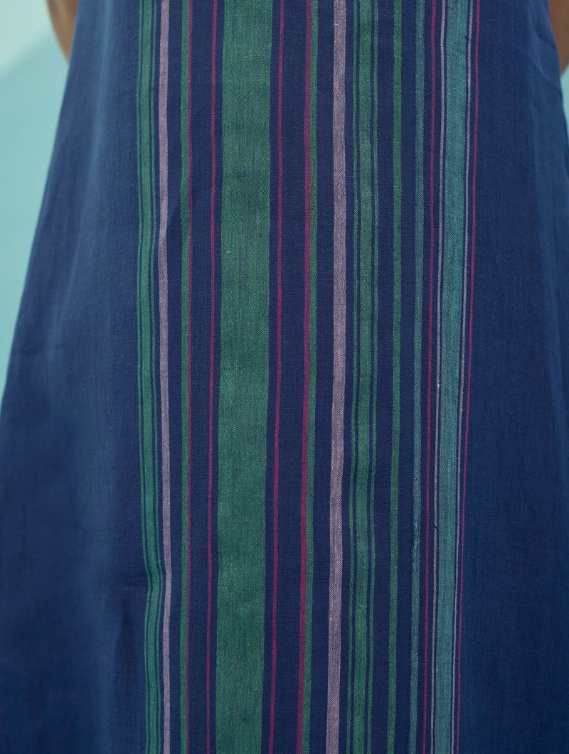 Beli Sleeveless Border Linen Dress - Indigo linen dress by Manan in navy for women Worldwide