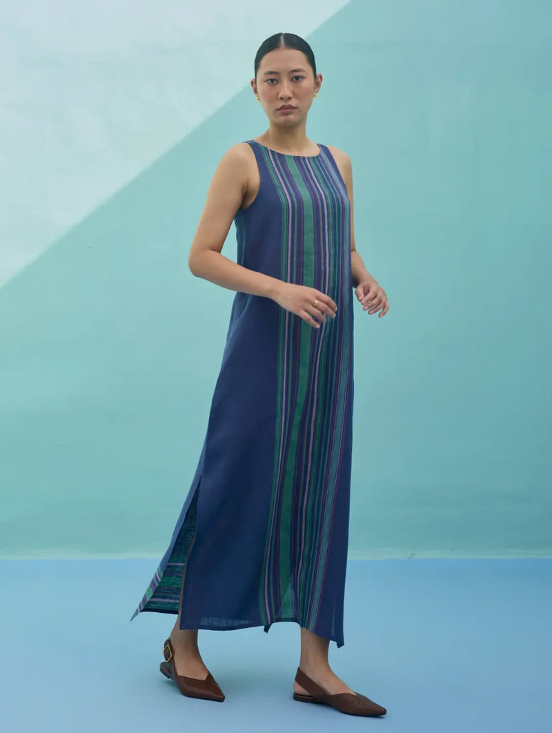 Beli Sleeveless Border Linen Dress - Indigo linen dress by Manan in navy for women Worldwide