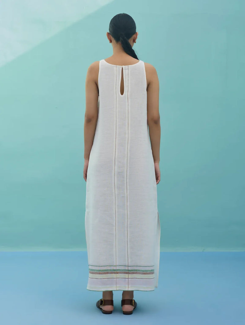 Beli Sleeveless Border Linen Dress - Ivory linen dress by Manan in ivory for women Worldwide