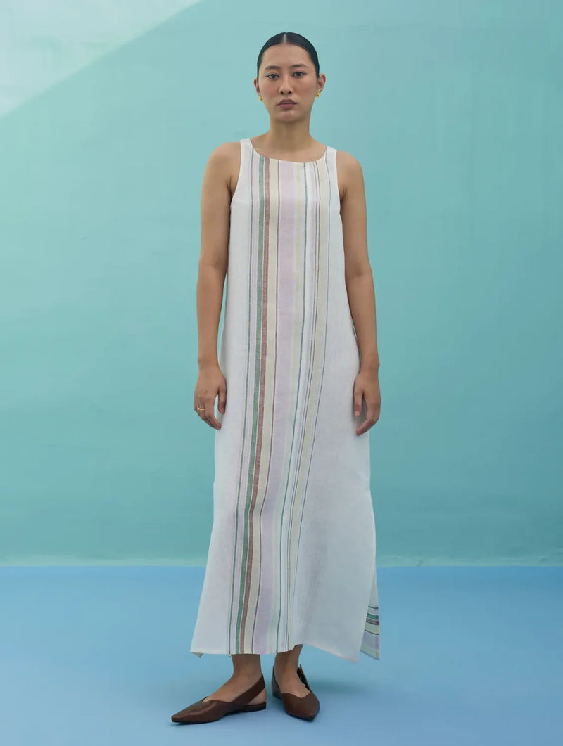 Beli Sleeveless Border Linen Dress - Ivory linen dress by Manan in ivory for women Worldwide