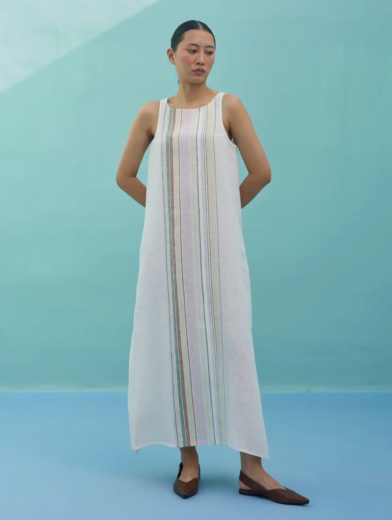 Beli Sleeveless Border Linen Dress - Ivory linen dress by Manan in ivory for women Worldwide