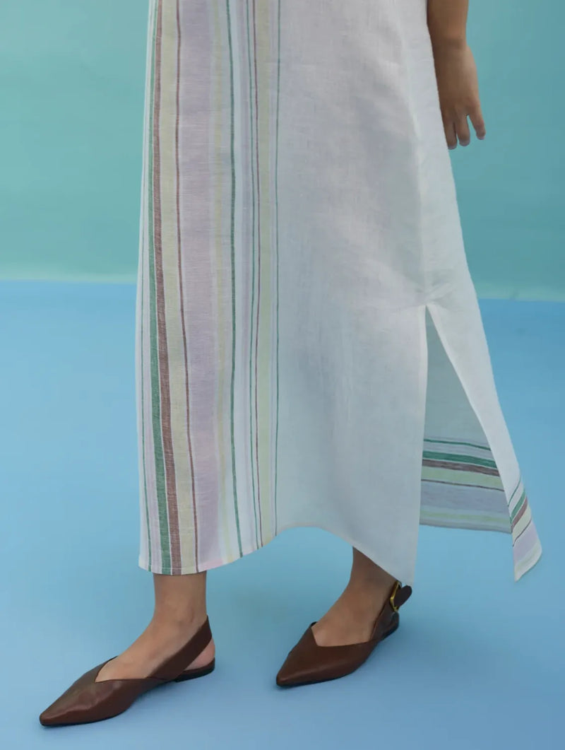 Beli Sleeveless Border Linen Dress - Ivory linen dress by Manan in ivory for women Worldwide