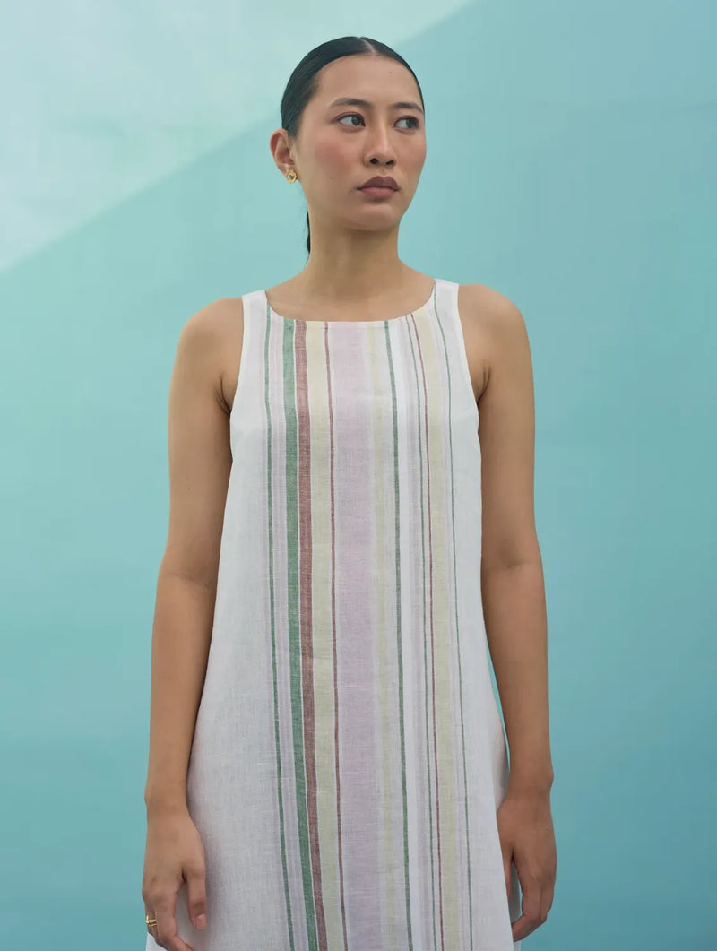 Beli Sleeveless Border Linen Dress - Ivory linen dress by Manan in ivory for women Worldwide