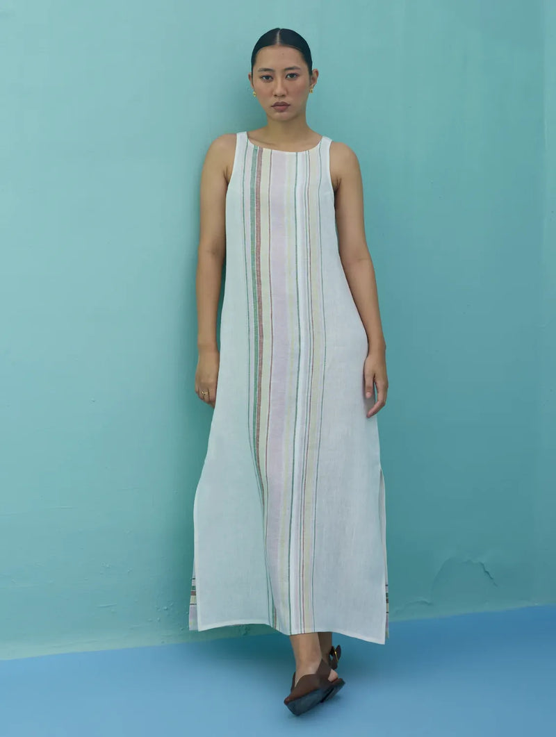 Beli Sleeveless Border Linen Dress - Ivory linen dress by Manan in ivory for women Worldwide