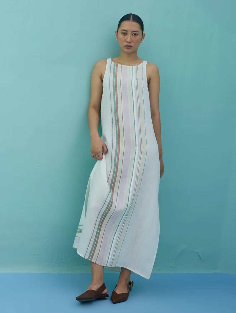 Beli Sleeveless Border Linen Dress - Ivory linen dress by Manan in ivory for women Worldwide