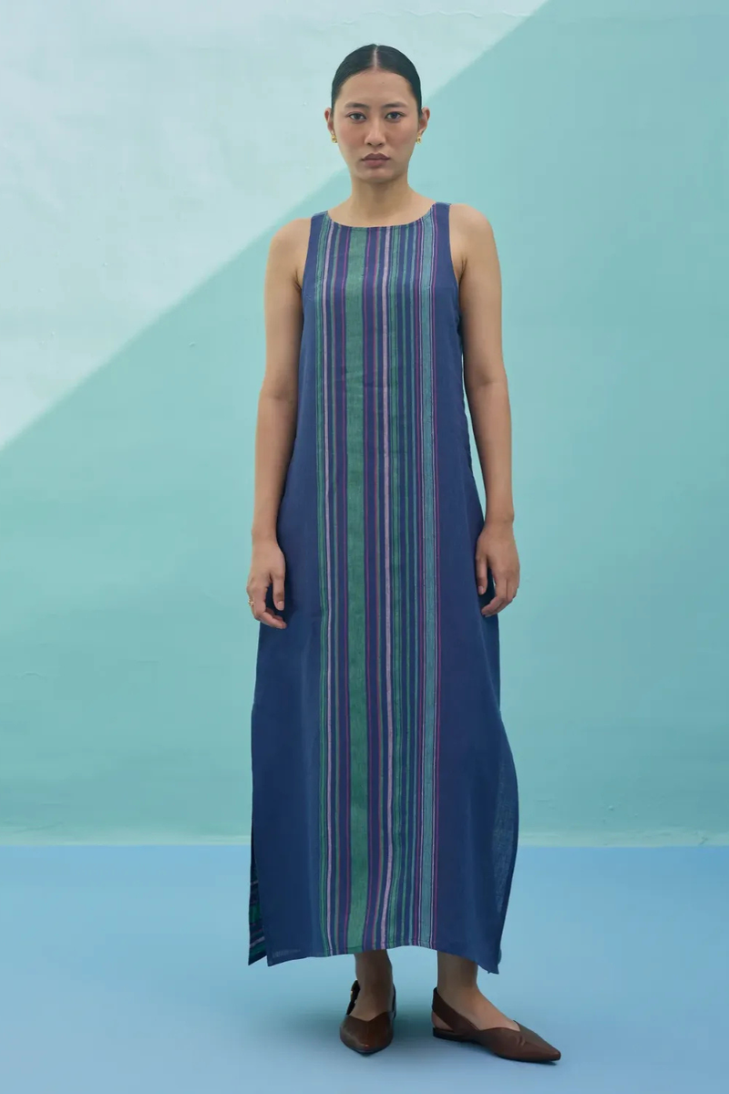 Beli Sleeveless Border Linen Dress - Indigo linen dress by Manan in navy for women Worldwide
