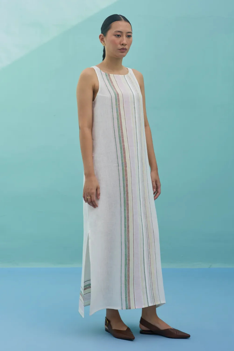 Beli Sleeveless Border Linen Dress - Ivory linen dress by Manan in ivory for women Worldwide
