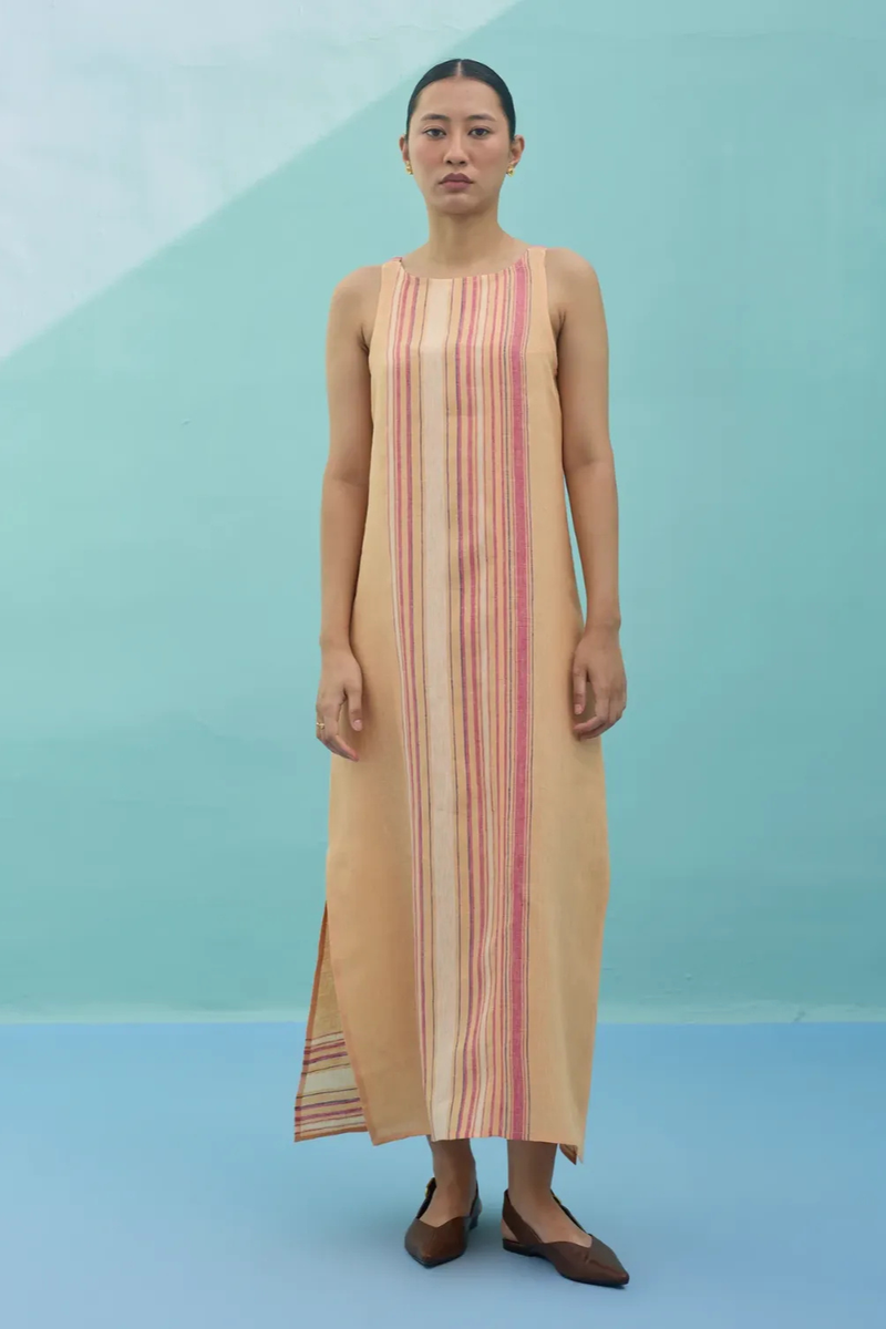 Beli Sleeveless Border Linen Dress - Apricot linen dress by Manan in apricot for women Worldwide