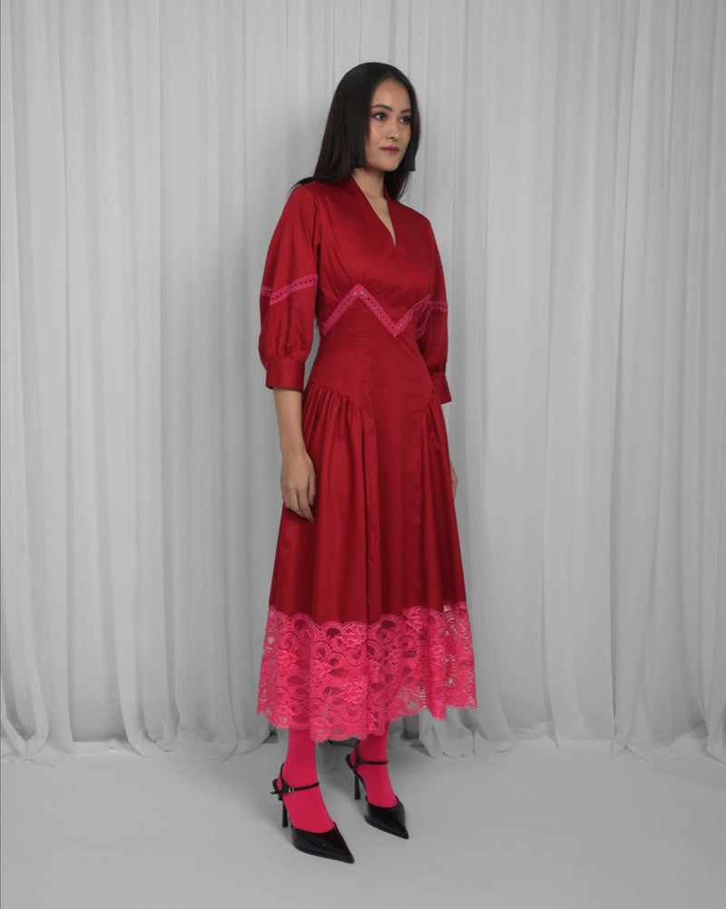 Belinda Dress-Red & Pink 100% cotton by Leh Studios in multi color for women Worldwide