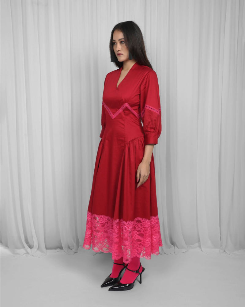 Belinda Dress-Red & Pink 100% cotton by Leh Studios in multi color for women Worldwide