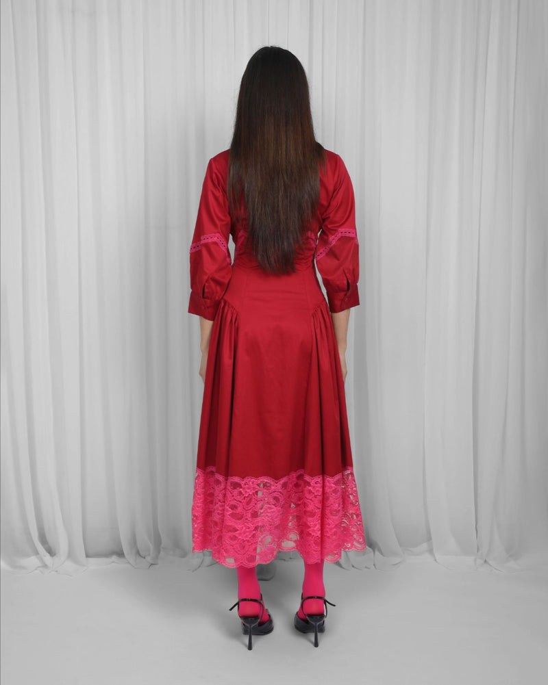 Belinda Dress-Red & Pink 100% cotton by Leh Studios in multi color for women Worldwide