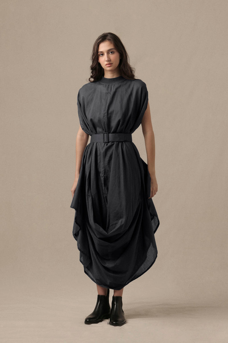 Belted Ash Gray Cowl Dress cotton dress by Mati in grey for women Worldwide
