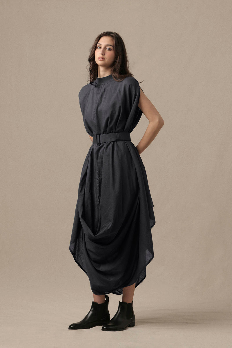 Belted Ash Gray Cowl Dress cotton dress by Mati in grey for women Worldwide
