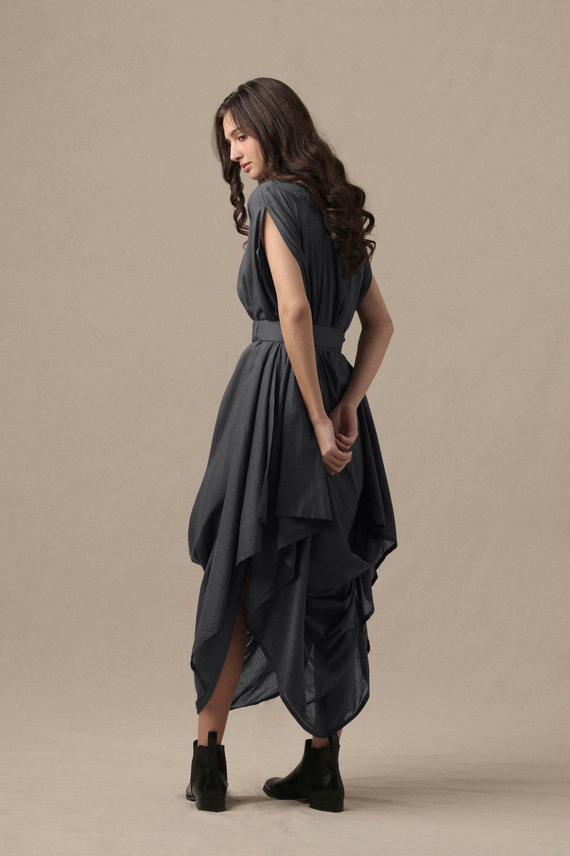Belted Ash Gray Cowl Dress cotton dress by Mati in grey for women Worldwide