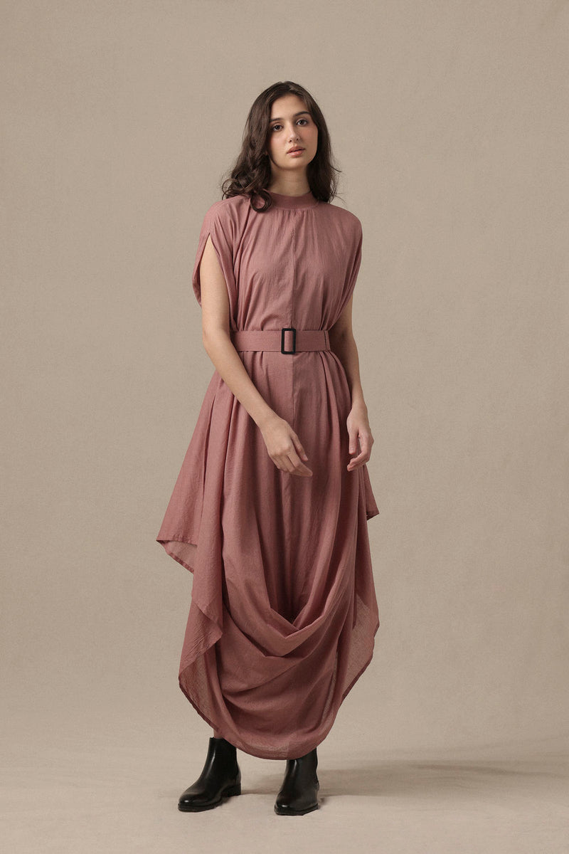 Belted Blush Cowl Dress cotton dress by Mati in pink for women Worldwide