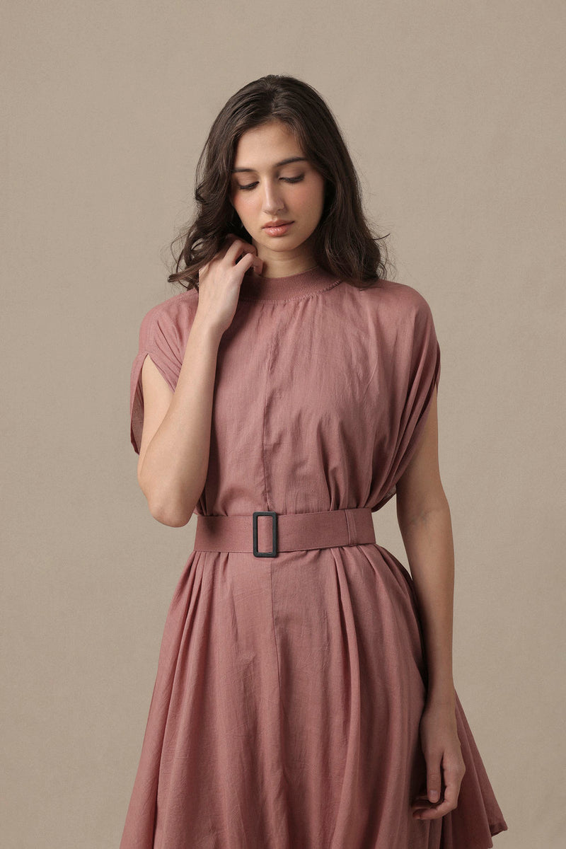 Belted Blush Cowl Dress cotton dress by Mati in pink for women Worldwide