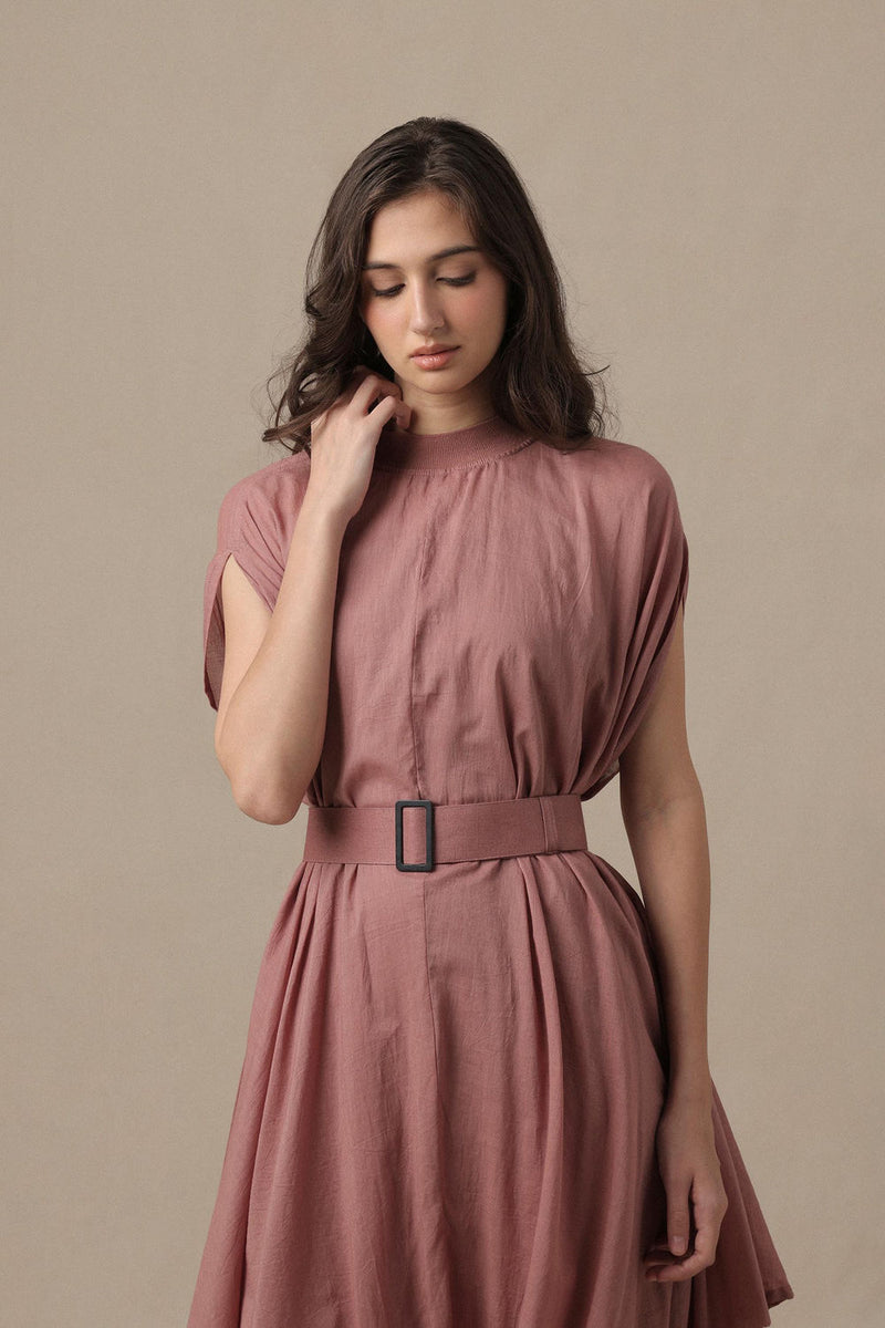 Belted Blush Cowl Dress cotton dress by Mati in pink for women Worldwide