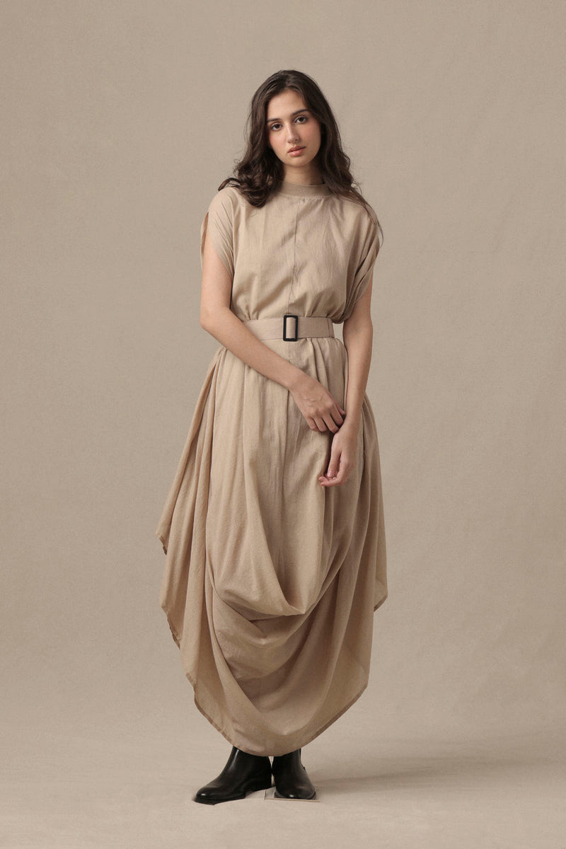 Belted Sand Cowl Dress cotton dress by Mati in brown for women Worldwide